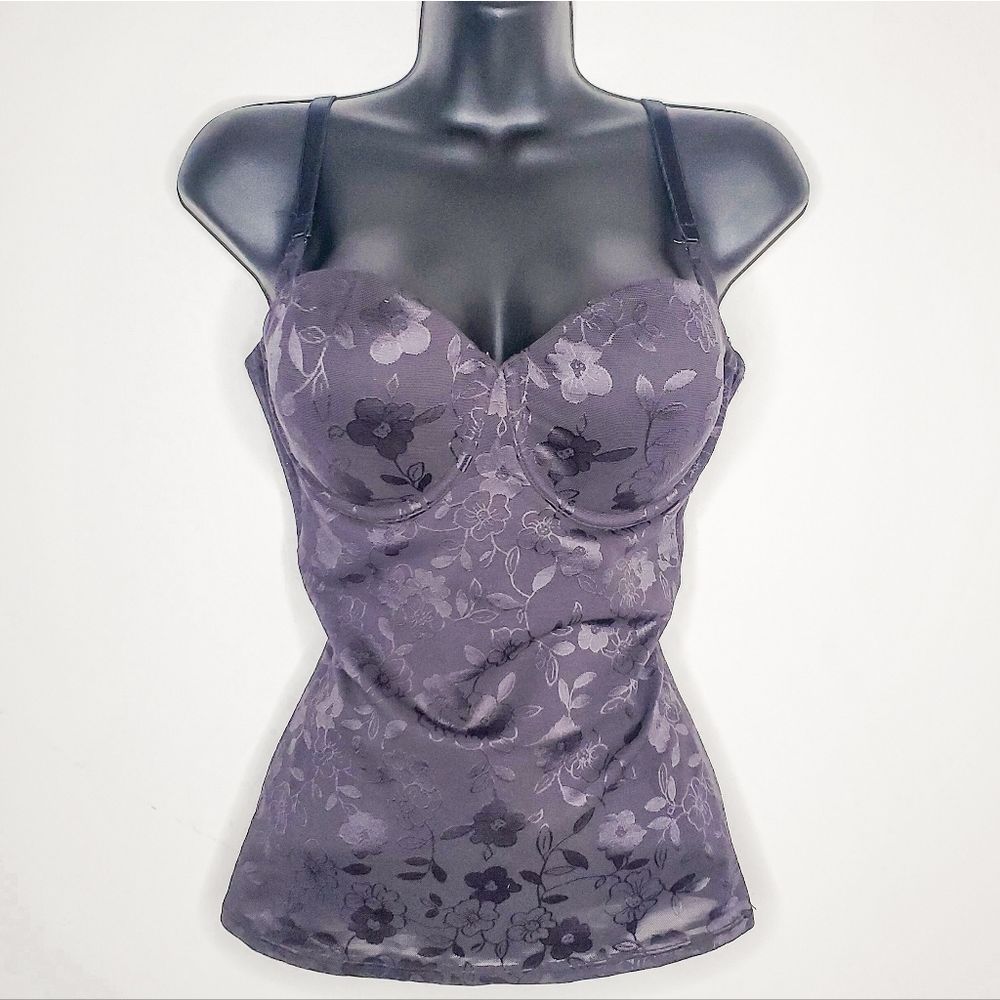Bali Black Floral Embossed Embroidered Built In Bra Cami Tank Size 32DD 30F 34D